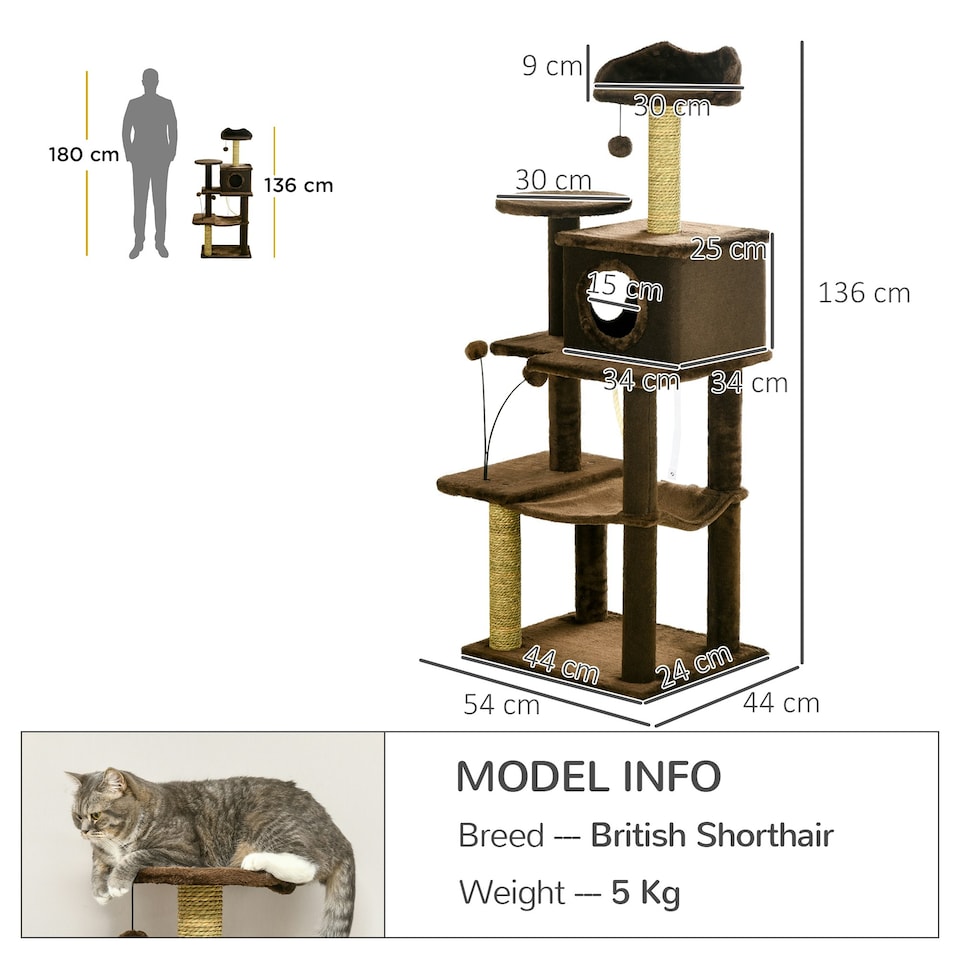 image 1 of PawHut 136cm Cat Tower with Scratching Posts Hammock Cat House Plush, Brown