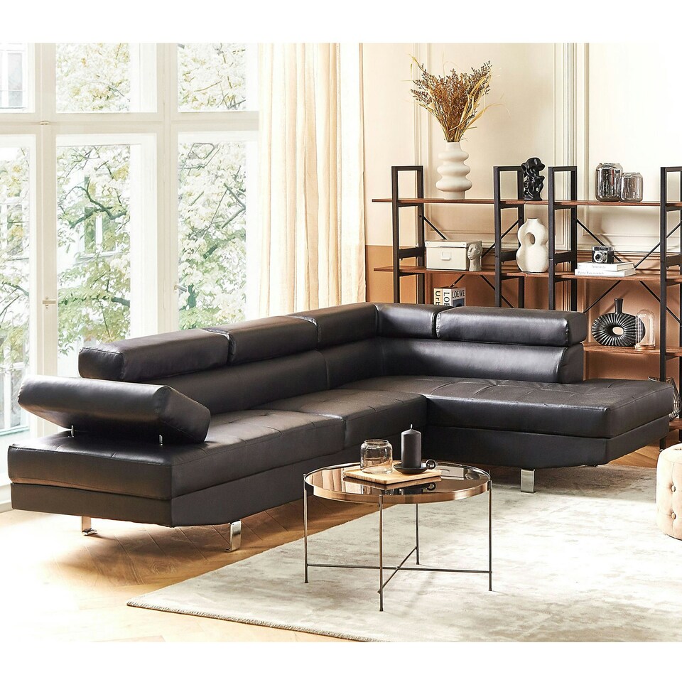 Fidenza Leather Corner Sofa Adjustable Headrests, L-Shaped Sectional, Contemporary Living Room Seating, Right Hand Facing Black