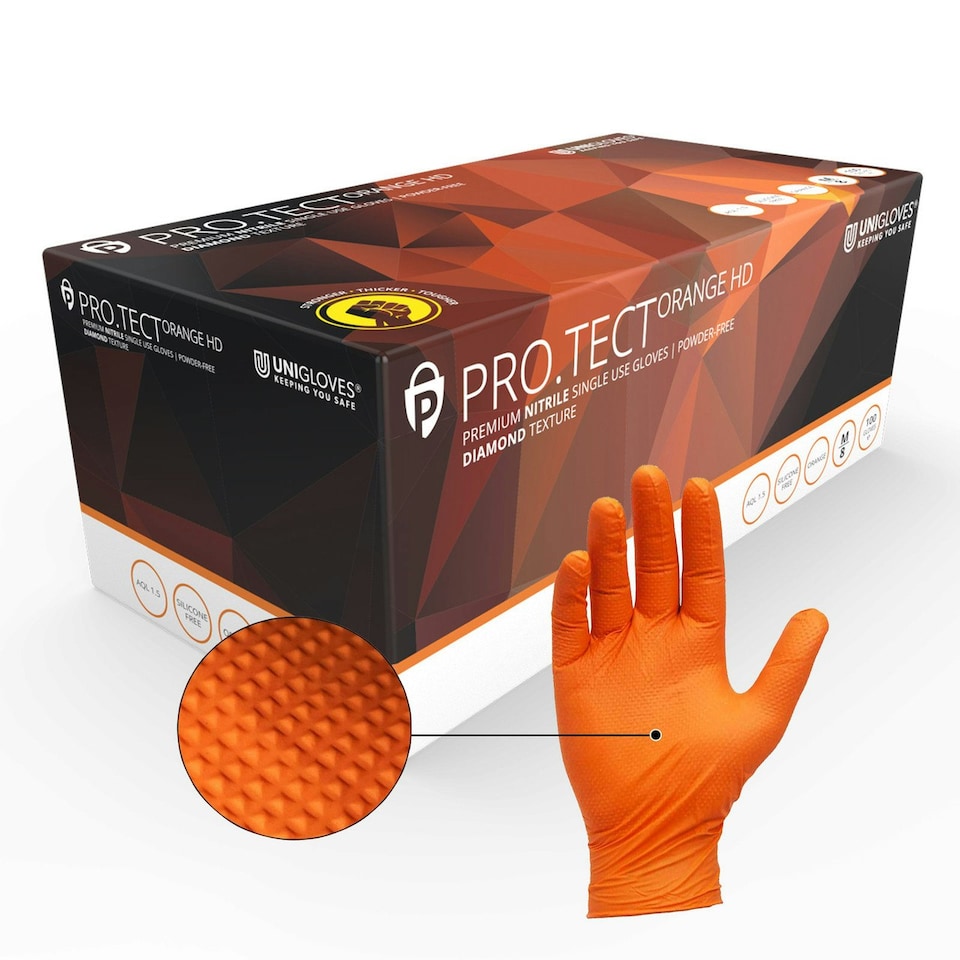 image 1 of Unigloves PRO.TECT Orange HD Box of 100 Nitrile Gloves