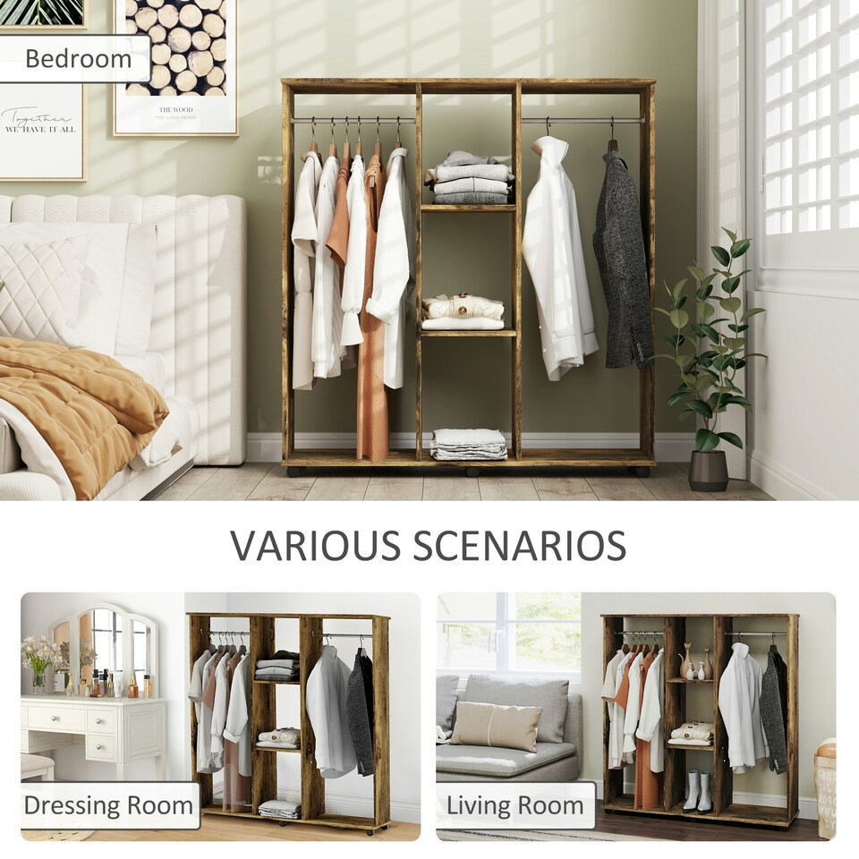 image 1 of HOMCOM Mobile Double Open Wardrobe w/ Clothes Hanging Rail, Rustic Brown