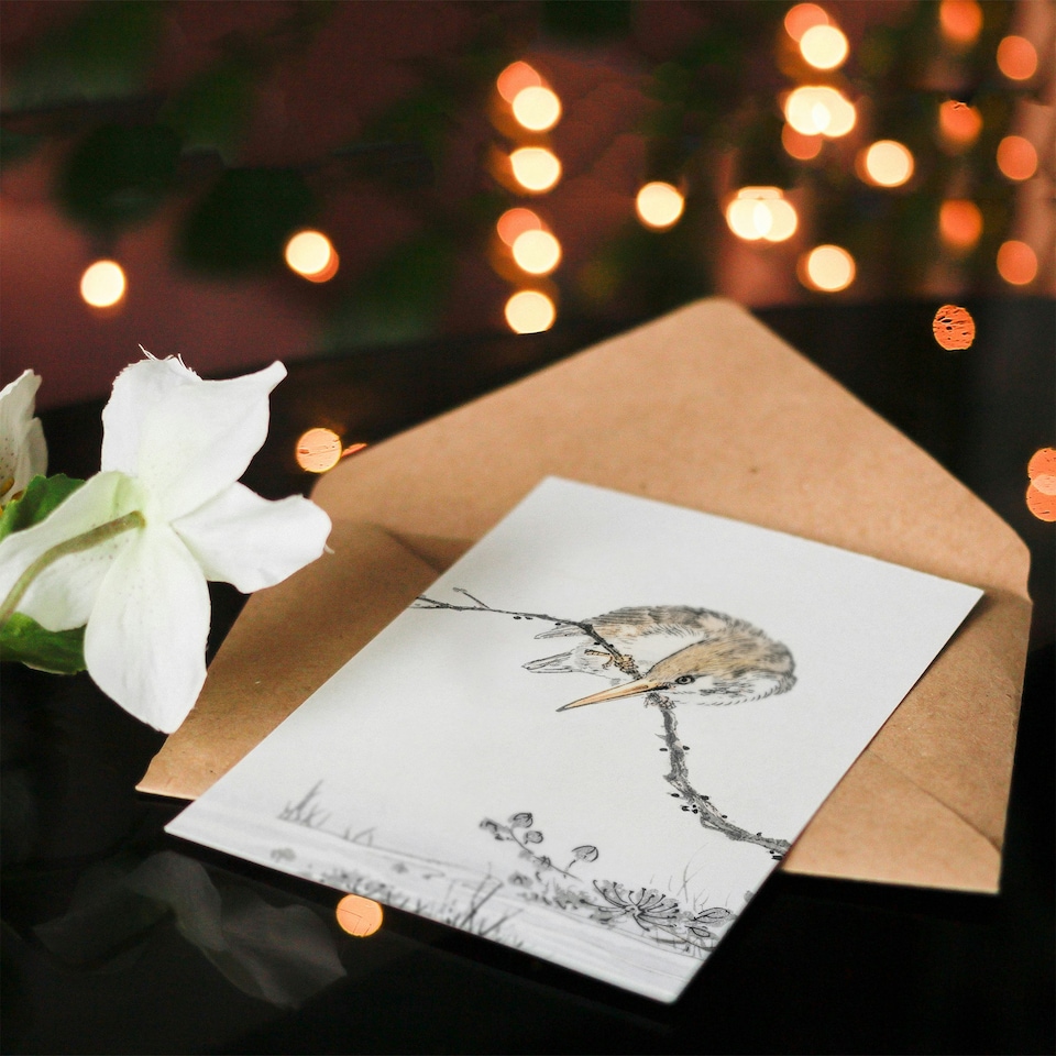 image 1 of Numata Kashu Art Card Pied Kingfisher Drawing Japanese