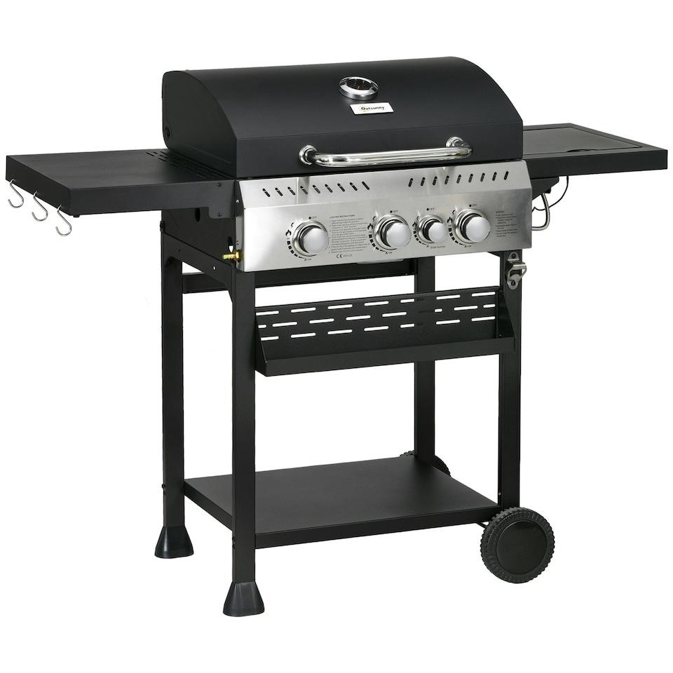 image 1 of Outsunny 3+1 Burner Propane Gas Barbecue Grill with Thermometer, Bottle Opener