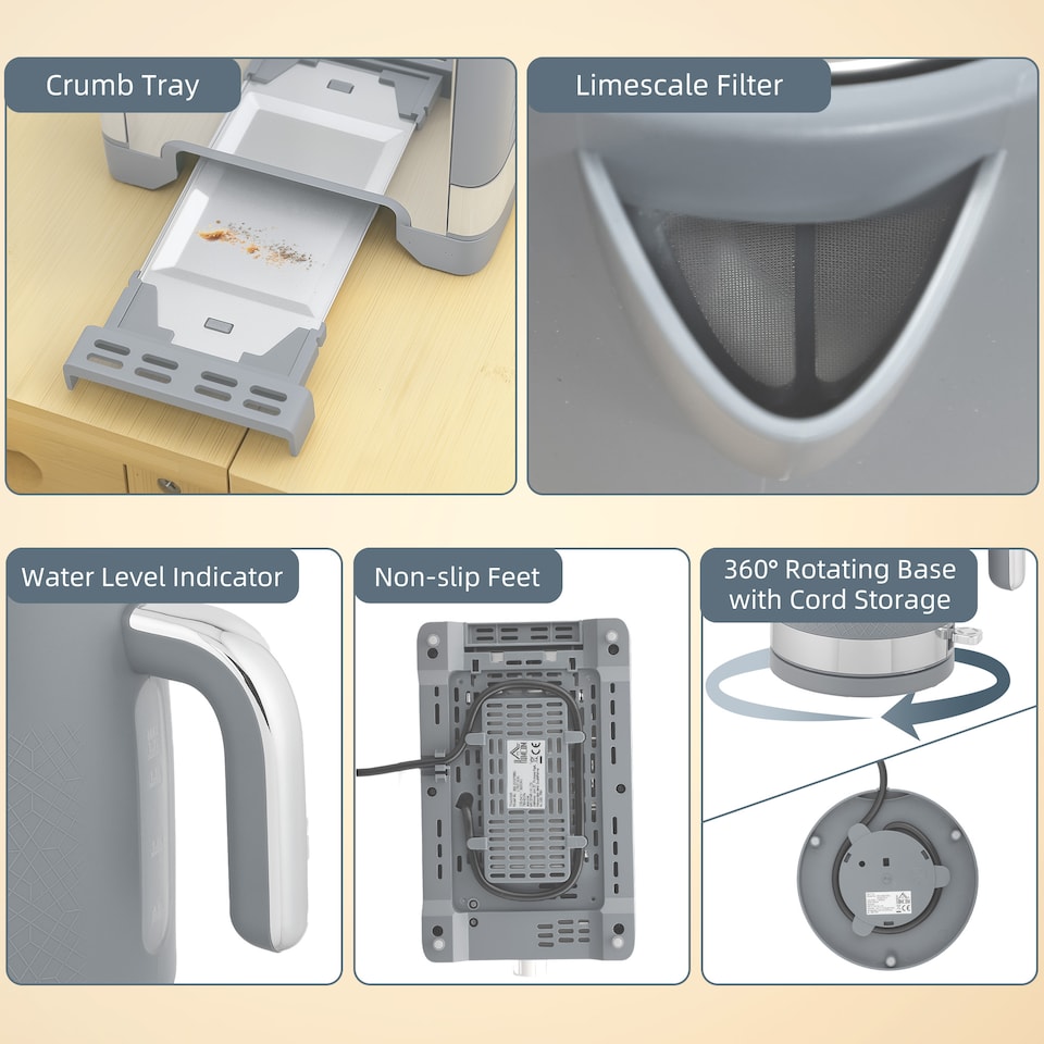 image 1 of HOMCOM Kettle and Toaster Set, 1.7L 3000W Rapid Boil Jug Kettle with Otter Thermostat, Limescale Filter, 2 Slice Toaster with 7 Browning Controls, Crumb Tray, Grey | Grey