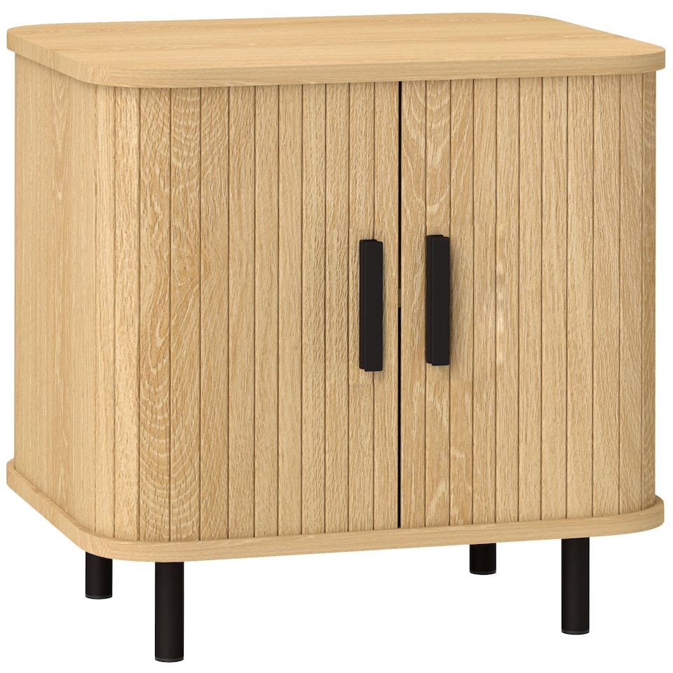 image 1 of HOMCOM Bedside Table, Nordic Side Table with Roller Shutter Style Sliding Doors and Metal Legs for Bedroom, Living Room, Oak Tone