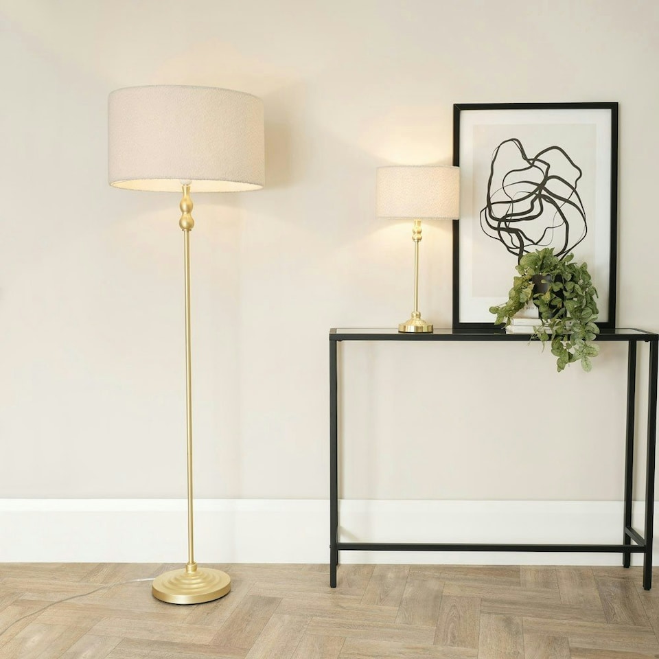 image 1 of ValueLights Maggie Gold Metal Candlestick Slim Table Lamp with Cream Boucle Drum Lamp Shade