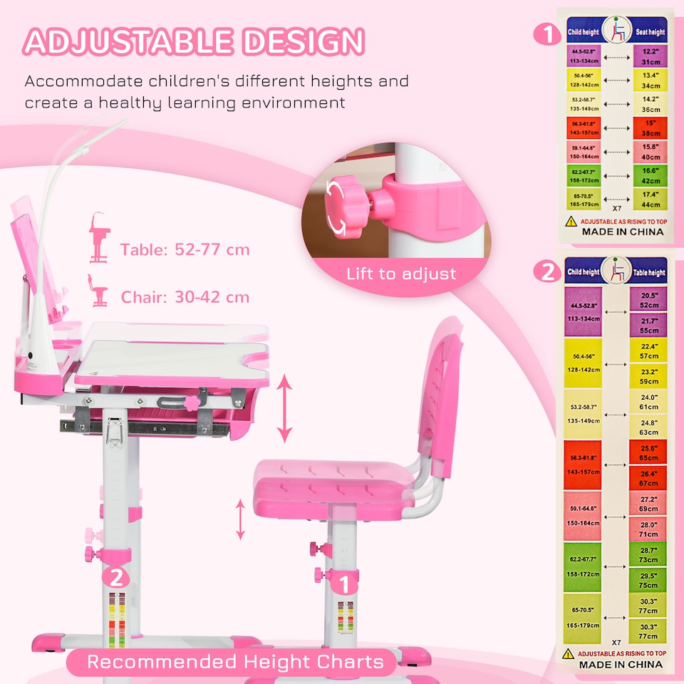 image 1 of HOMCOM Kids Desk and Chair Set, Height Adjustable Study Desk with USB Lamp | Pink
