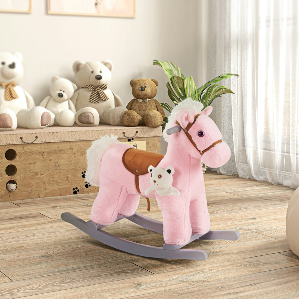 image 1 of HOMCOM Kids Plush Ride-On Rocking Horse with Plush Toy Sound Handle Grip