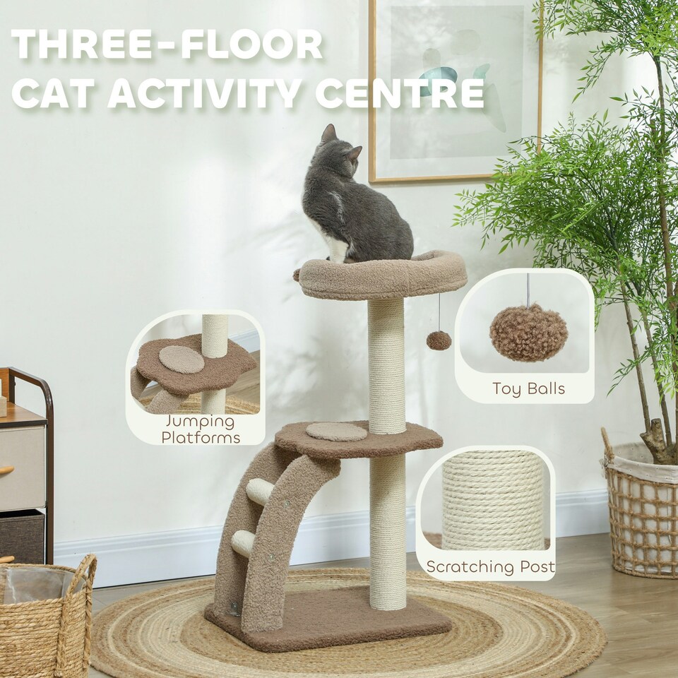 image 1 of PawHut Cat Tower with Sisal Scratch Post, Ball, Perch, Stairs, 88cm, Brown