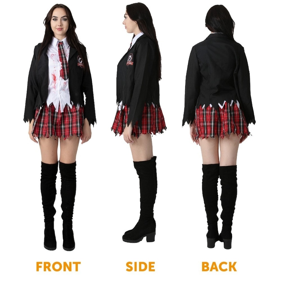 image 1 of Zombie Schoolgirl Costume With Stockings, Facepaint, Blood & Boater | Multi | M