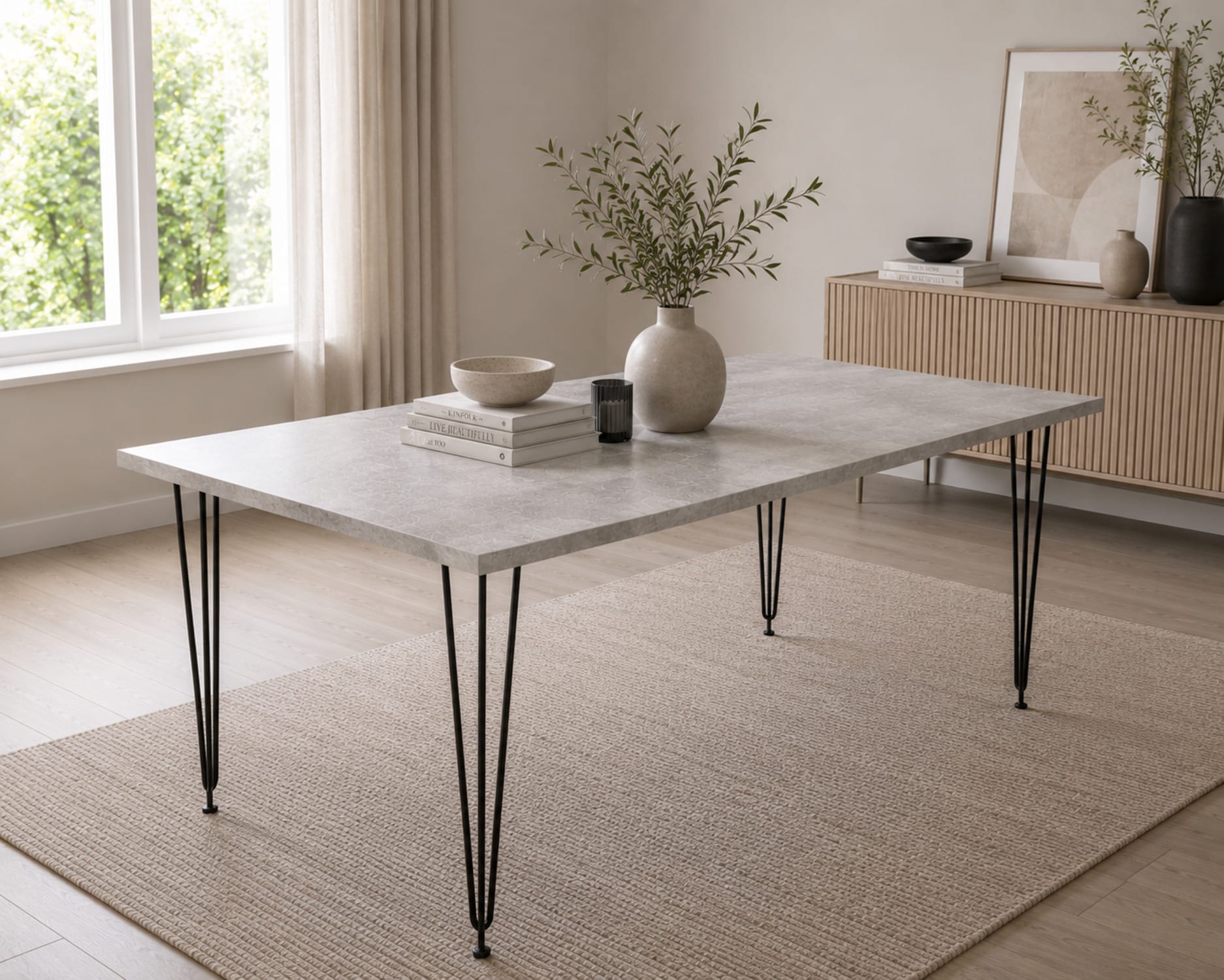 Modern Grey Rectangular Dining Table with Hairpin Legs Compact Kitchen Dining Room Table