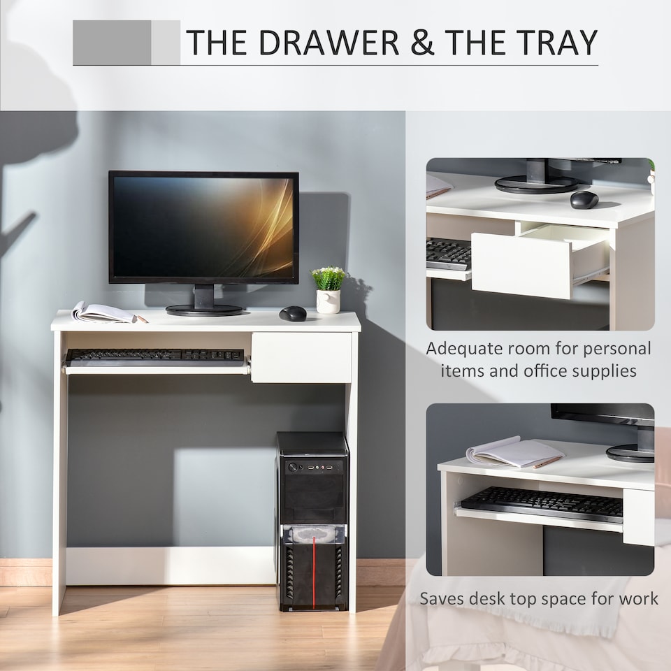 image 1 of HOMCOM 80cm Compact Computer Desk with Keyboard Tray, Home Office Desk with Drawer for Bedroom Study, White