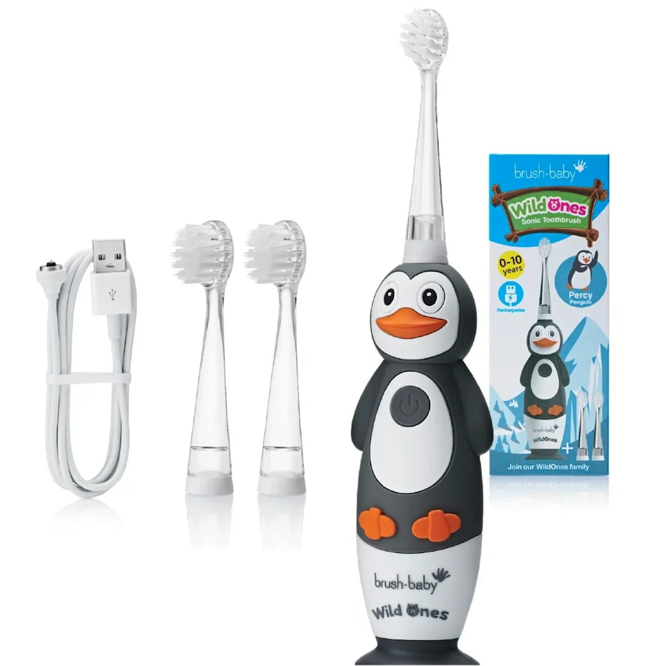 image 1 of Brush Baby WildOnes™ Penguin Kids Electric Rechargeable Toothbrush & Applemint Toothpaste