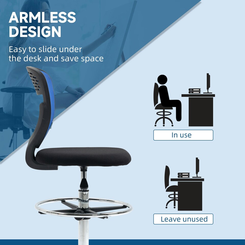 image 1 of Vinsetto Draughtsman Chair, Tall Office Chair with Lumbar Support, Blue