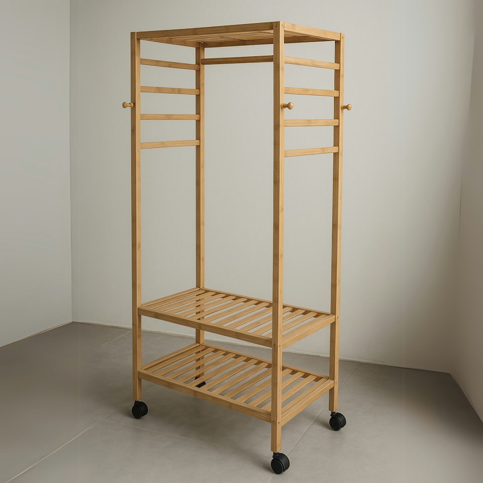image 1 of Bamboo Clothes Rack | Portable Open Wardrobe with Shoe Storage Brown | One Size