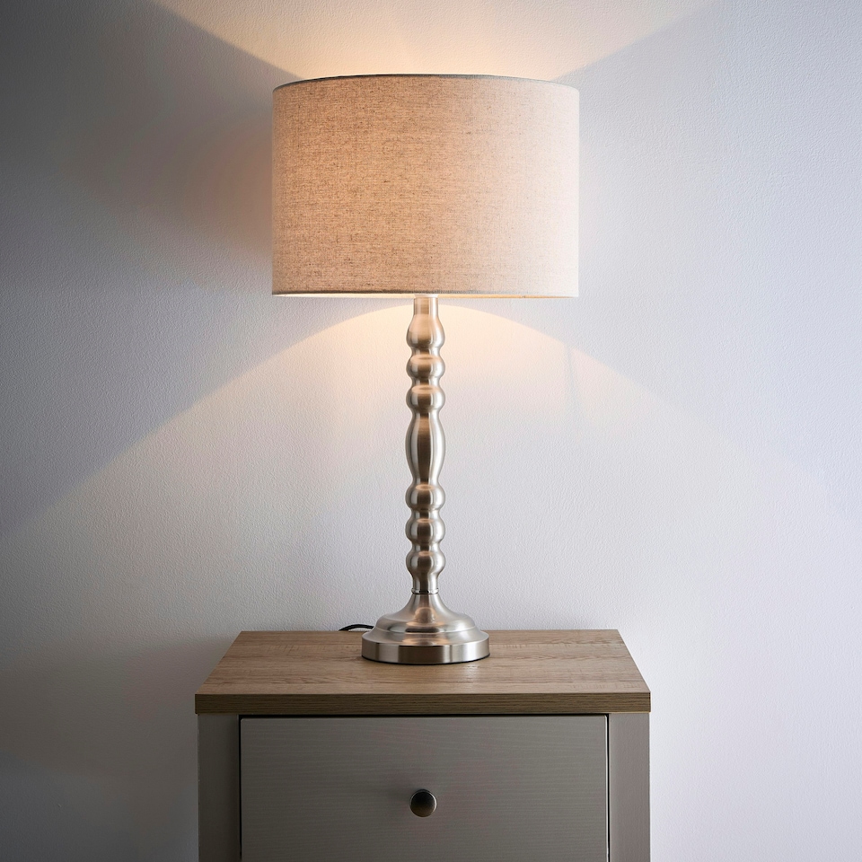 image 1 of Rosa Satin Nickel Table Lamp on a Candlestick Design with a Natural Linen Lampshade Silver
