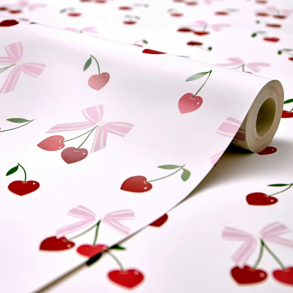 image 1 of Cherry Kisses Wallpaper in Pink & Red Pink