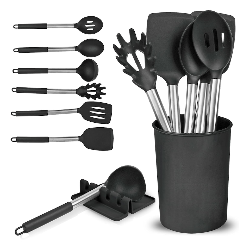 image 1 of 8 Piece Silicone Kitchen Utensil Set with Storage Bucket Black