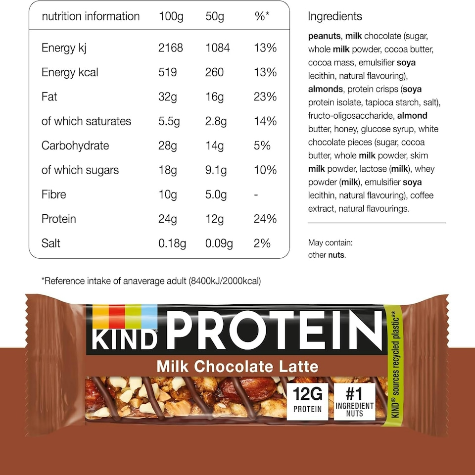 image 1 of KIND Protein Bars, Gluten Free Snack Bars, Milk Chocolate Latte, High Fibre, Source of Protein, No Artificial Colours, Flavours or Preservatives, 24 x 50g | Brown
