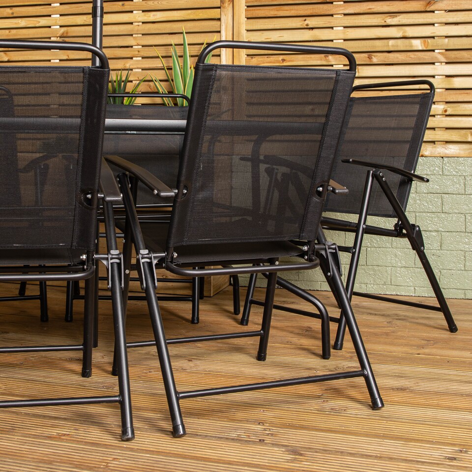 image 1 of Samuel Alexander Outdoor 6 Seater Glass Top Table and Chairs Patio Set with Parasol in Black