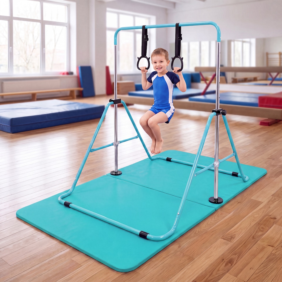 image 1 of Kayman Gymnastics Bar and Floor Mat Set for Kids with Training Rings