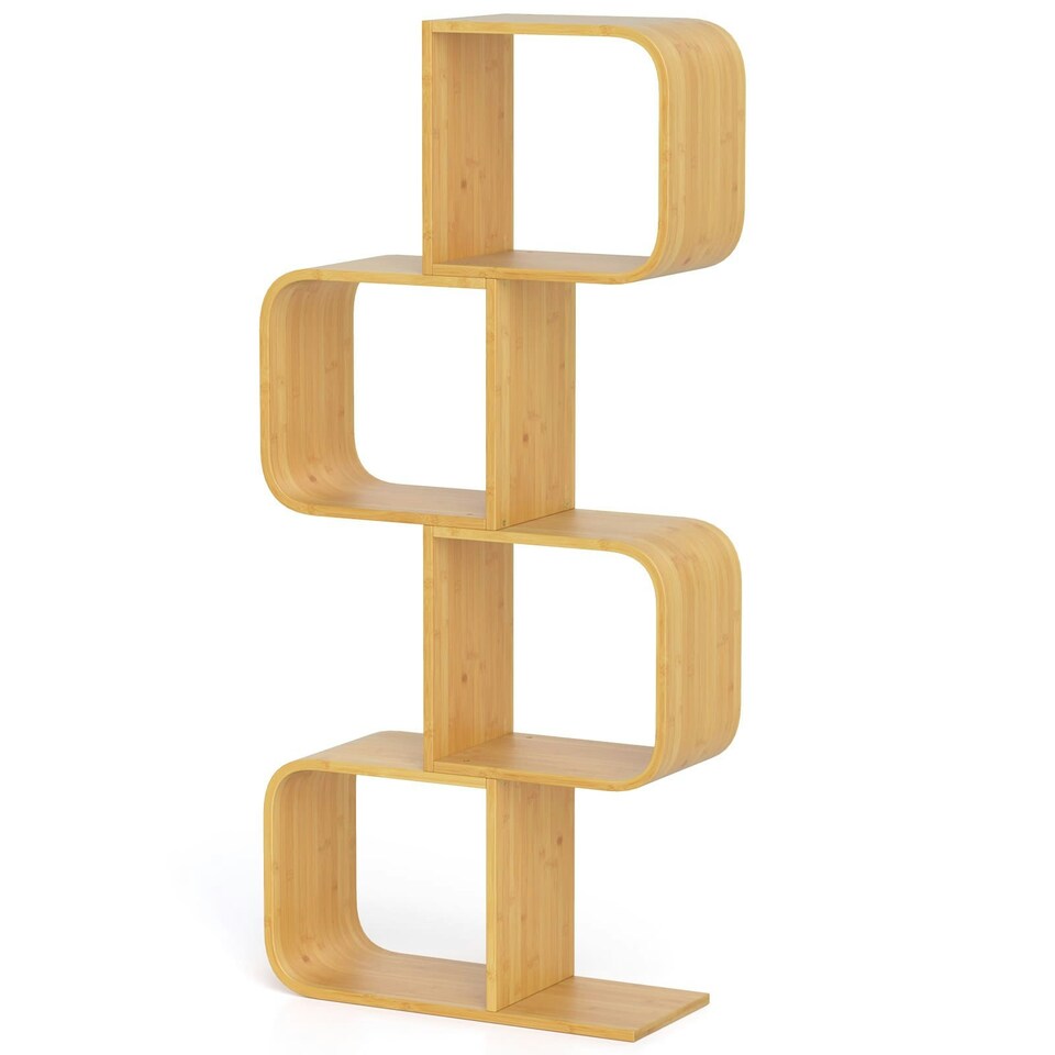 image 1 of COSTWAY 4-TierS-Shaped Bookcase, Bamboo Bookshelf Brown