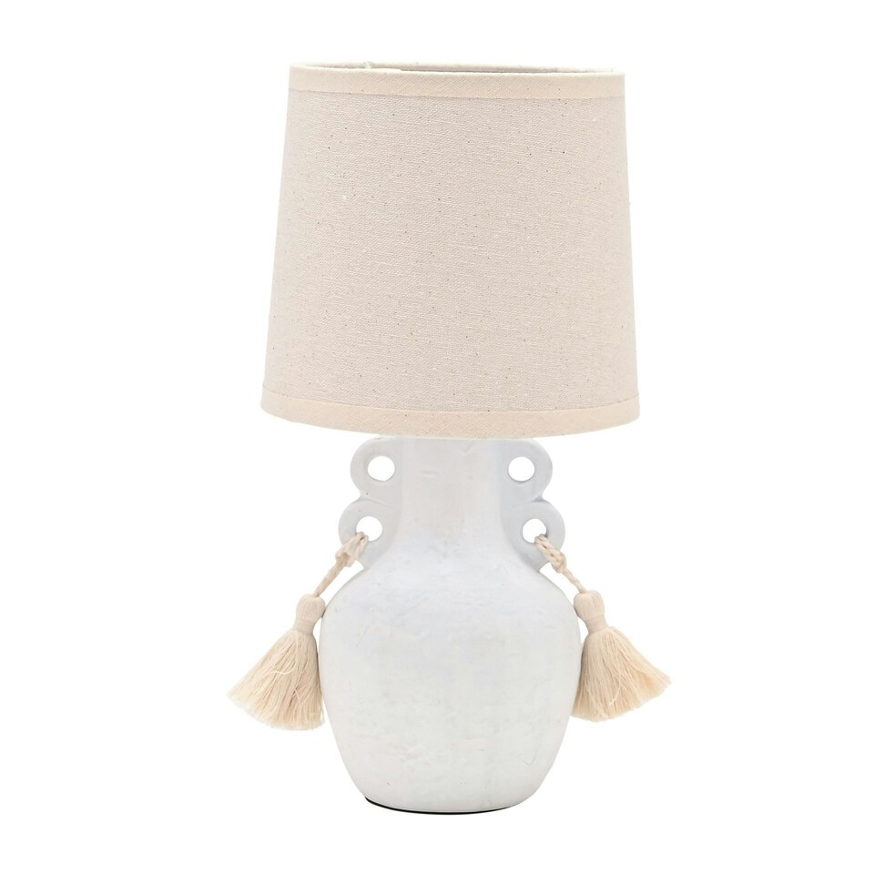 image 1 of Hestia Stone Finish Vase Lamp with Tassels White