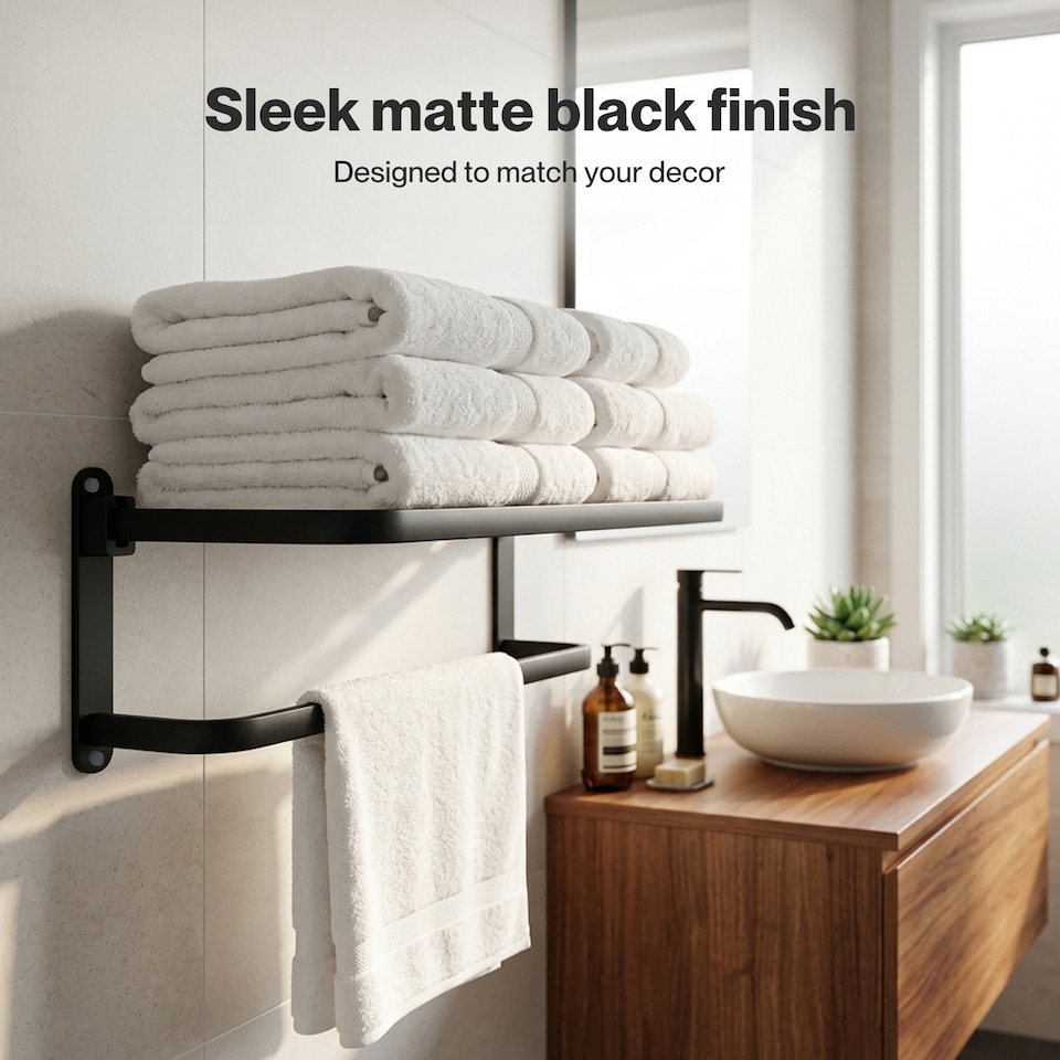 image 1 of Levede Towel Holder with 2 Bars Wall Mounted No Drill Bathroom Shelf Black