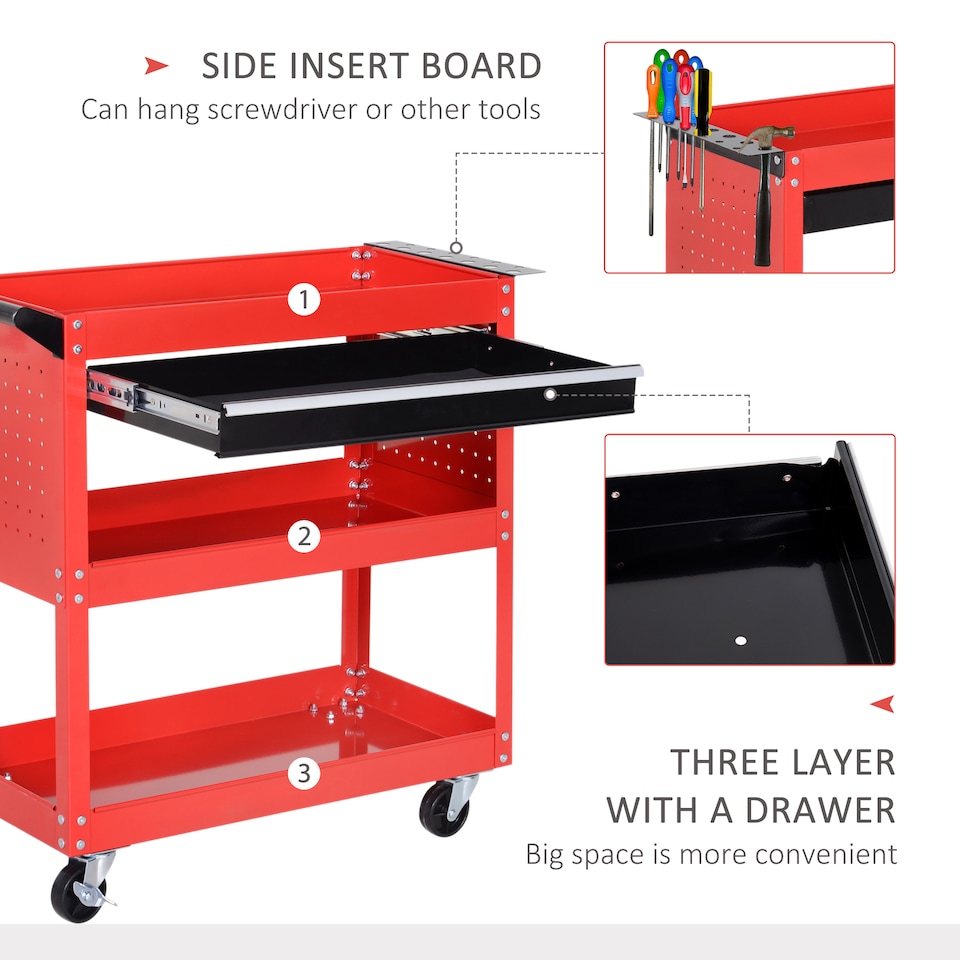 image 1 of DURHAND 3-Tier Tool Trolley Cart Storage Shelf Roller Cabinet DIY Box Garage Workshop with Drawer Red
