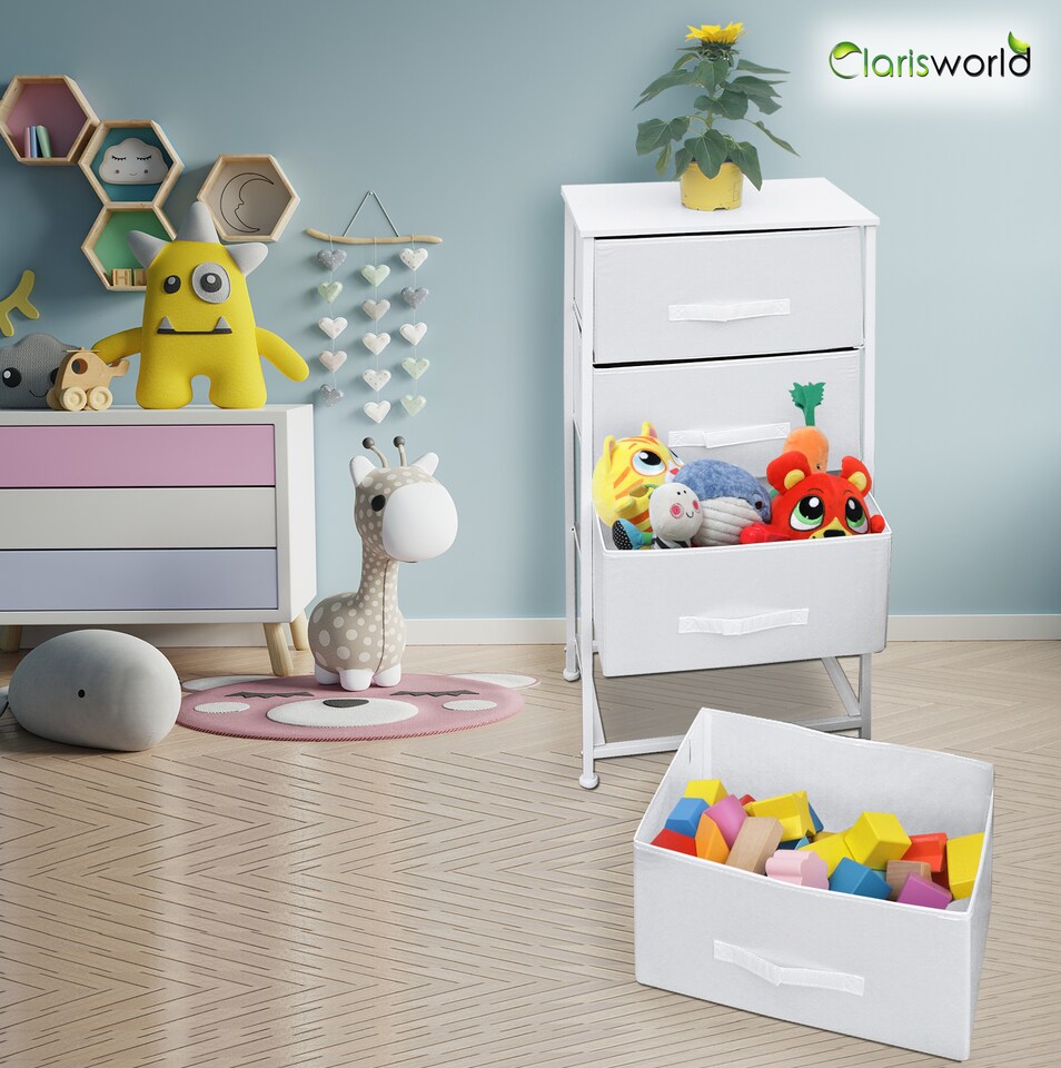 image 1 of Clarisworld 4 Drawer Storage Tower Dresser with Wood Top, Sturdy Steel Frame & Laminated Fabric Drawers, Storage Organiser Unit for Bedroom, Hallway, Entryway, Closet & Office