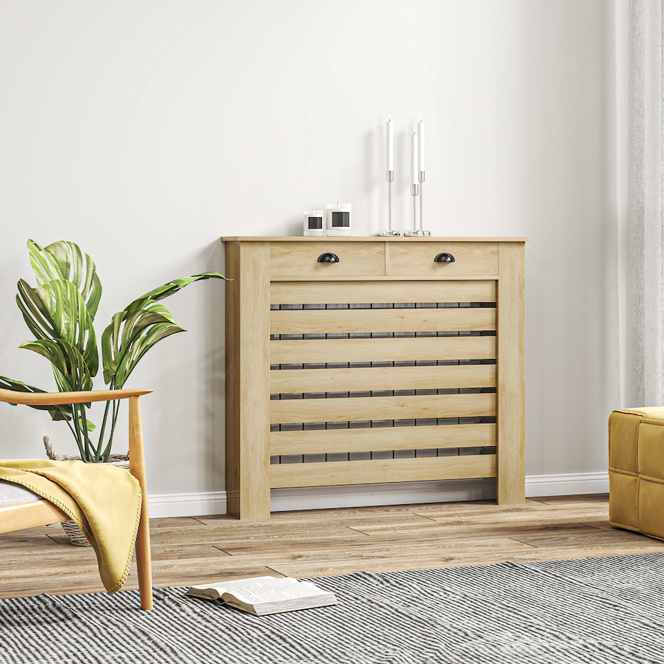 image 1 of HOMCOM Radiator Cover with Drawer, Horizontal Slat, 111cm, Oak