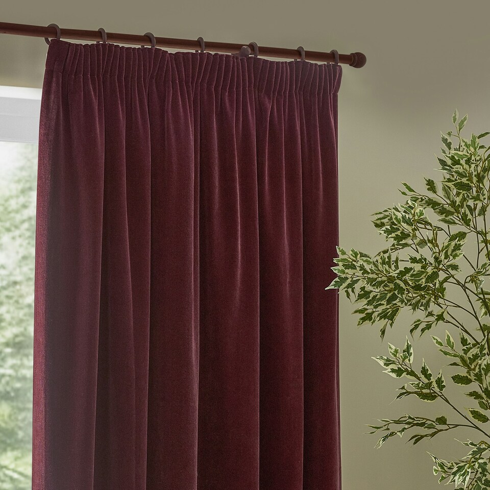 image 1 of Yard Heavy Chenille Velvet Room Darkening Pencil Pleat Curtains | Red