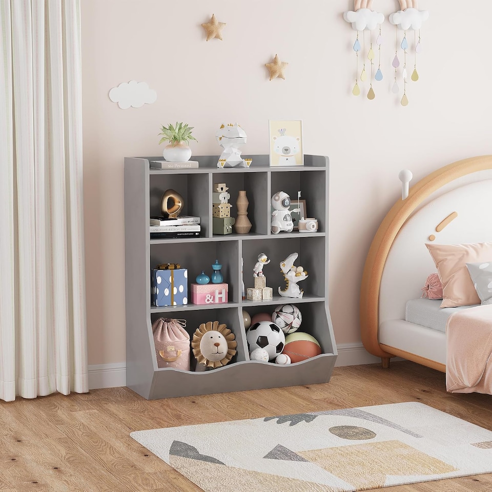 image 1 of London Boutique Kids 3-Tier Bookcase Toy Organiser 7-Compartment Cabinet 60x15.4x42.5"