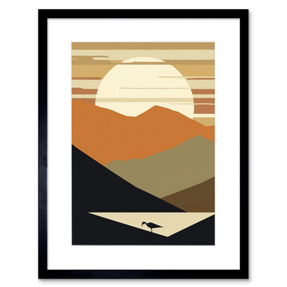 image 1 of Lakeside Mountain Sunset Boho Abstract Landscape 9x7" Black Framed Wall Art Print