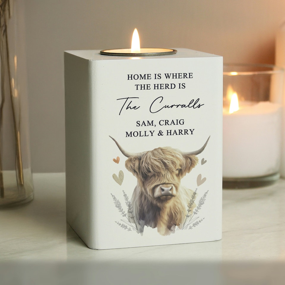 image 1 of Personalised Highland Cow Wooden Tealight Holder Brown