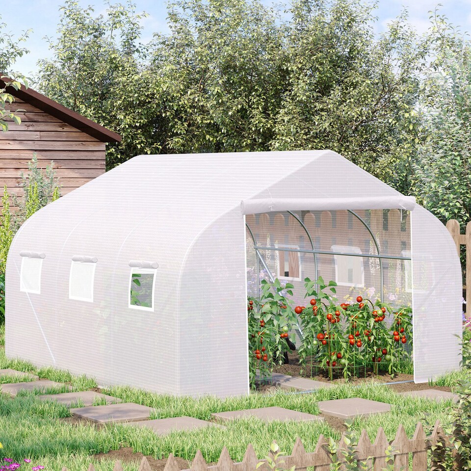 image 1 of Outsunny Walk-In Polytunnel Greenhouse w Roll Up Door Windows, 3.5x3x2 m White