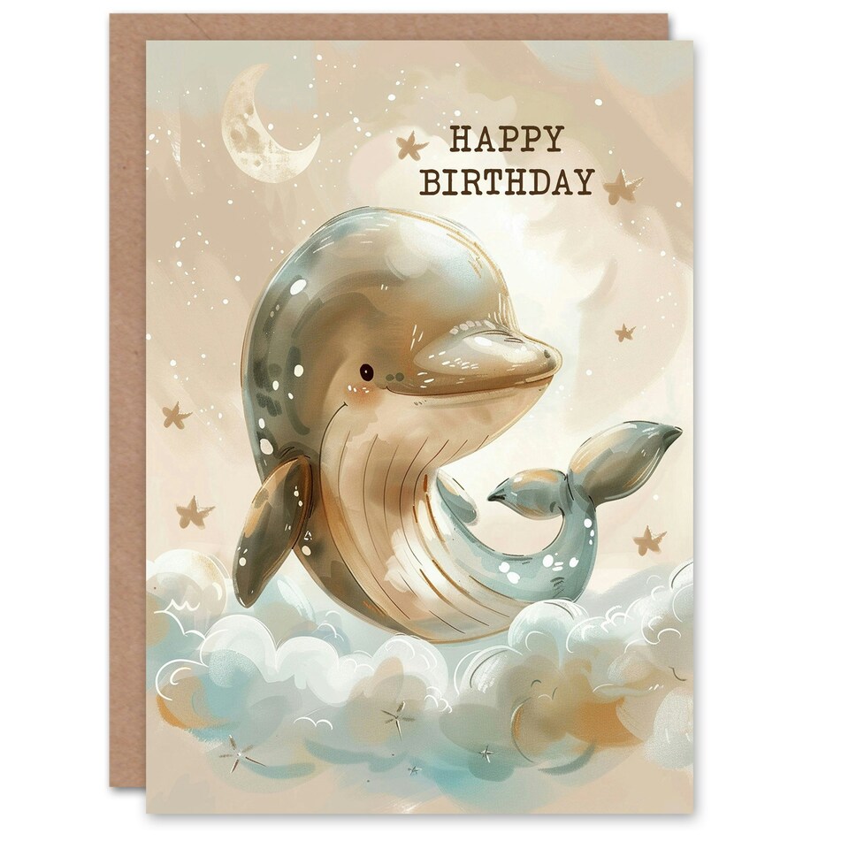 image 1 of Cute Soft Clouds Stars Girl Boy Kids Dolphin Kids Birthday Card