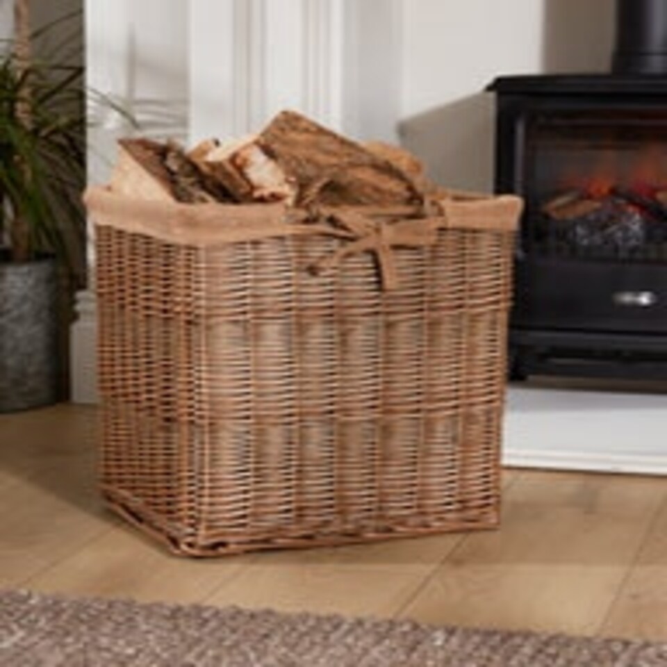 image 1 of Wicker Storage Basket with Hessian Lining Brown