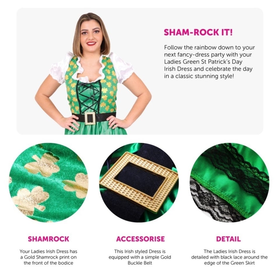image 1 of Irish Shamrock Dress & White Stockings | Green | L