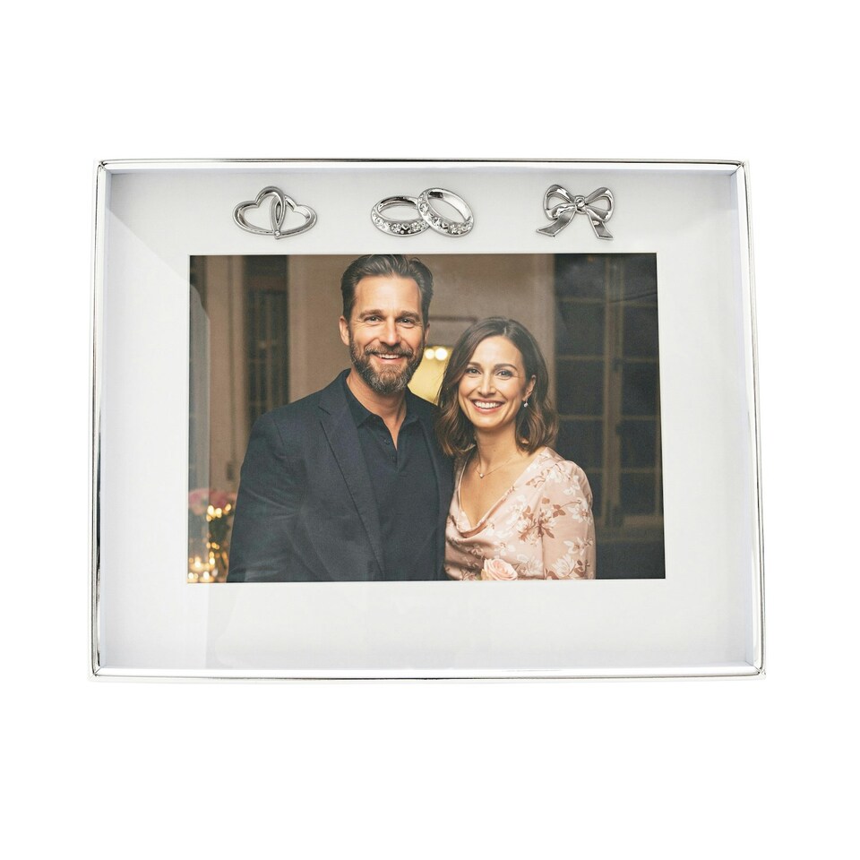 image 1 of Modern Wedding Picture Frame in Silver Plating with Rings and Hearts Silver | One Size