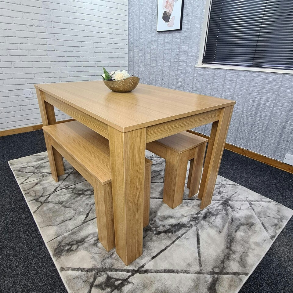 image 1 of Dining Table and 2 Benches Oak Effect Table With 2 Benches Dining Room Furniture | Brown