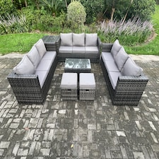 Fimous Outdoor Lounge Sofa Set Wicker PE Rattan Garden Furniture Set with Oblong Coffee Table Side Table 2 Small Footstools Dark Grey Mixed