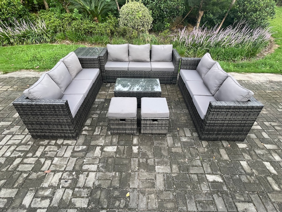 image 1 of Fimous Outdoor Lounge Sofa Set Wicker PE Rattan Garden Furniture Set with Oblong Coffee Table Side Table 2 Small Footstools Dark Grey Mixed