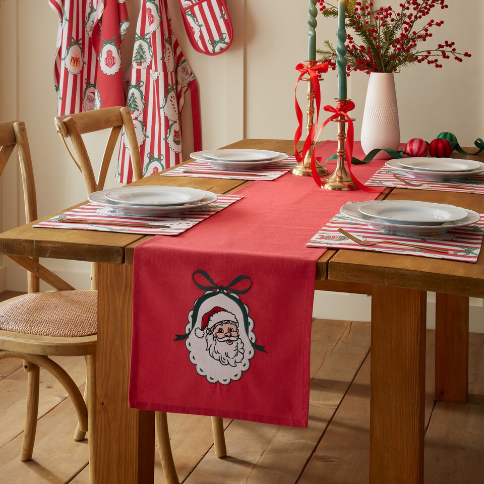 image 1 of Catherine Lansfield Christmas Vintage Stripe Embroidered Cotton Dining Table Runner