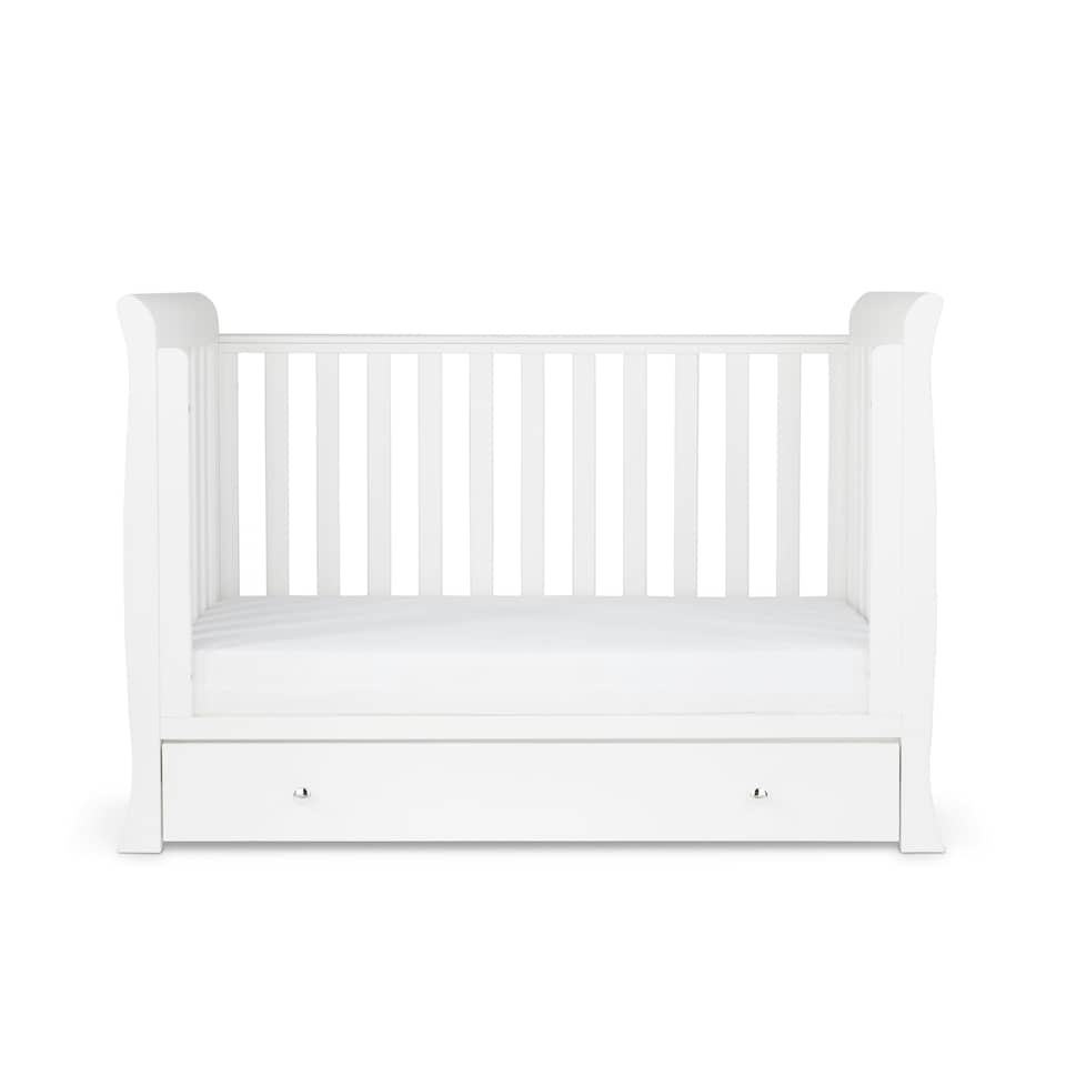image 1 of Snowdon Mini Cot Bed, Premium Sprung Mattress & Underdrawer – Sleigh Style, Convertible Baby Cot to Toddler Bed, Adjustable Base (White)