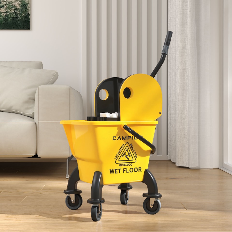 image 1 of HOMCOM Mop Bucket with Wringer Set on Wheels for Floor Cleaning, 26 Litre Down Press Wringer with Handle and Mop, Yellow