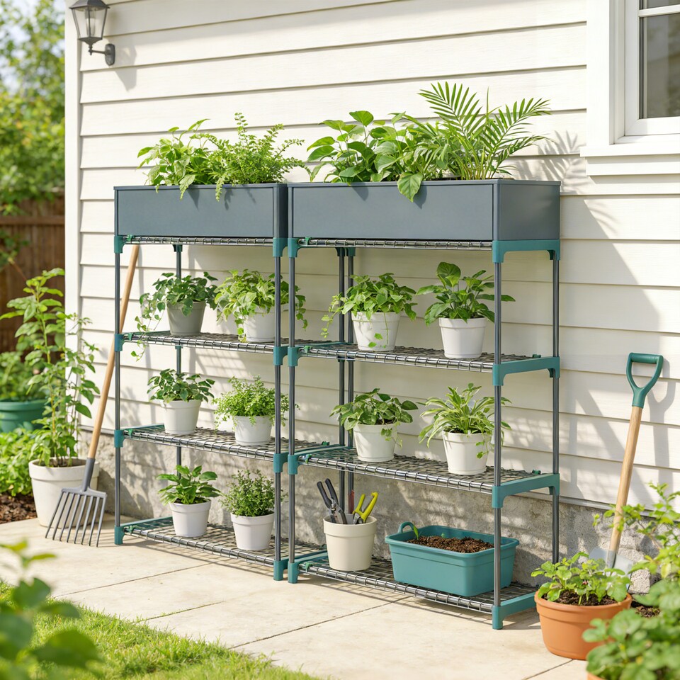 image 1 of Outsunny 4-Tier Plant Stand Indoor Outdoor, Set of 2 Metal Plant Shelf | Green | Dark Green | 90L x 28W x 104H cm