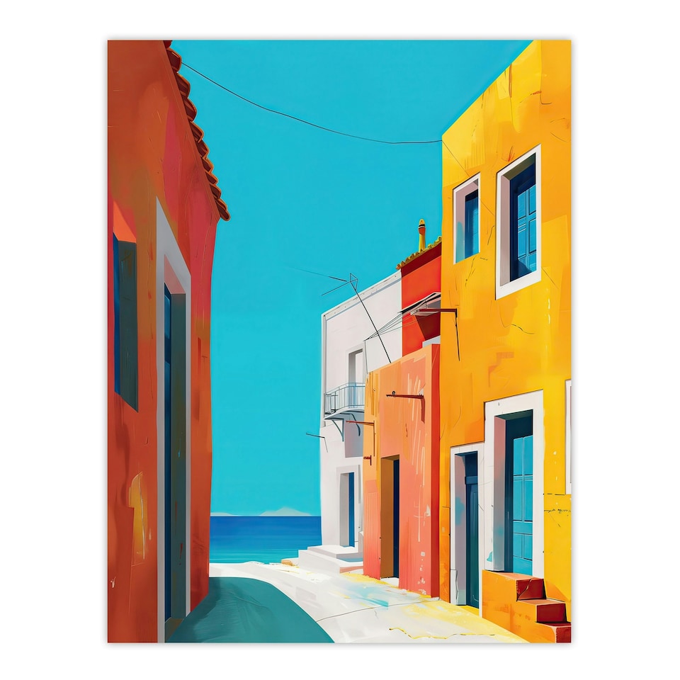 image 1 of Bright Colourful Mediterranean Italian Beach Houses Black Framed Wall Art Print A4