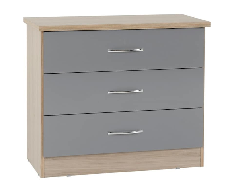 image 1 of Nevada 3 Drawer Chest - L40 x W81 x H70.5 cm - Grey Gloss/Light Oak Effect Veneer