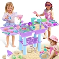 Kids Sand and Water Play Table - 23-Piece Outdoor Activity Set with Fishing Pool Toys and Beach Accessories - Purple Multifunctional Sensory Table