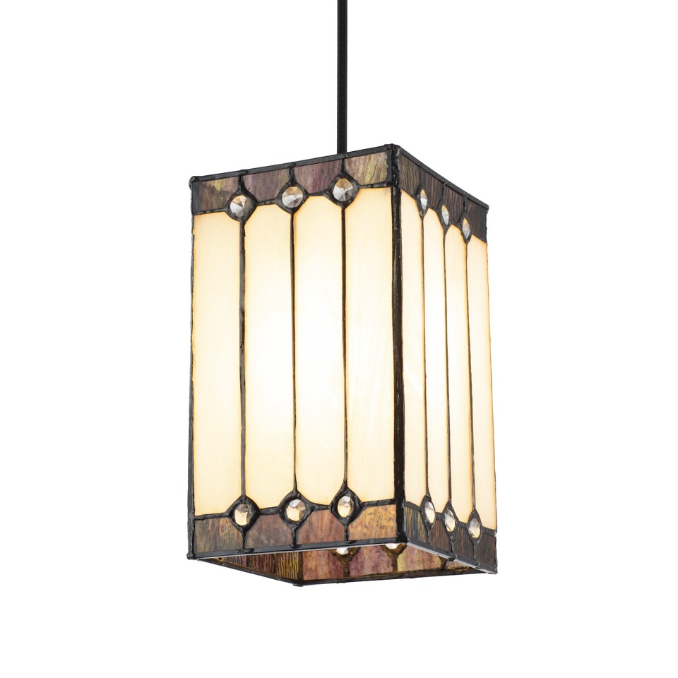 image 1 of Square Lantern Opal White Stained Glass Tiffany Pendant Shade with Clear Beads | White